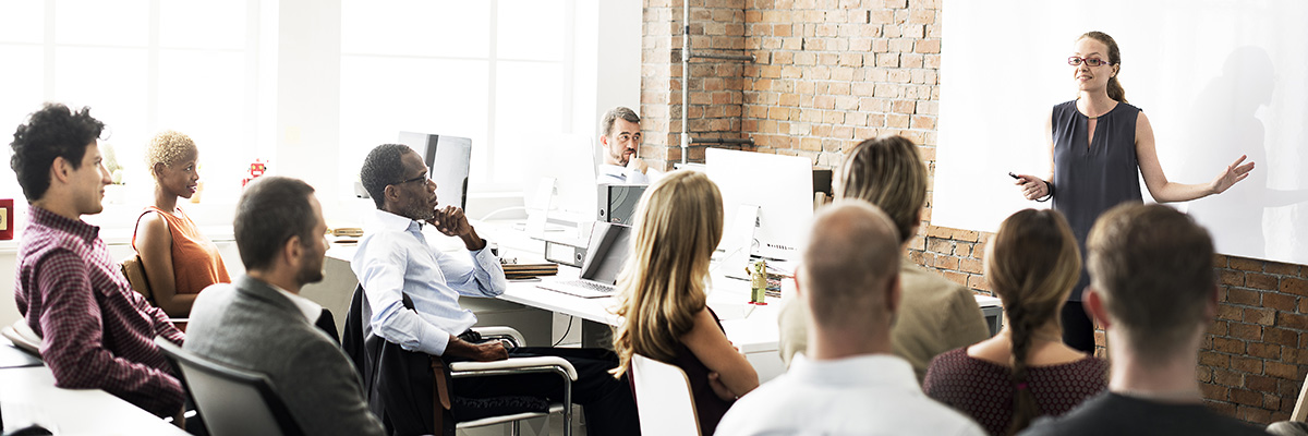 A woman stands in front of a whiteboard, arms outstretched, making a point. A diverse group of professionals are seated in the bright office space before her, listening.